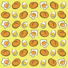 Kolorowy deseń z bułeczkami śniadaniowymi i jajkami. Śniadanie, jajka sadzone, połówki jajek, jaja na twardo. Jajka i bułki na żółtym tle. Rysunek wektorowy, ilustracja - obrazy, fototapety, plakaty