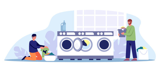 Cartoon characters of two young men engaged in doing laundry