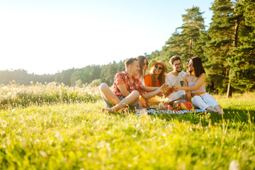 Cheerful company on sunny meadow at picnic is resting, drinking beer, cheers. Stylish friends enjoy sunny day on beautiful green meadow. Vacation, picnic, friendship or holliday concept. - obrazy, fototapety, plakaty