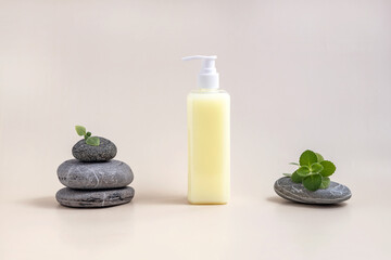 Fototapeta na wymiar pump bottle, stones and mint leaves on a beige background. The concept of natural cosmetics