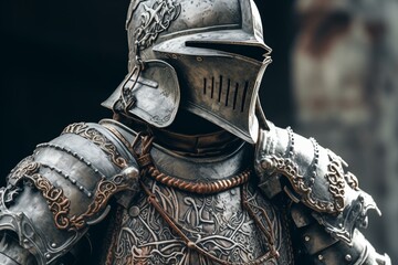 Close-up of a medieval knight on horseback in metal armor and helmet, isolated on white background. Generative AI