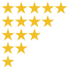 Visual representation of golden or yellow star rating system, using filled stars for customer reviews, surveys, feedback, success evaluation.