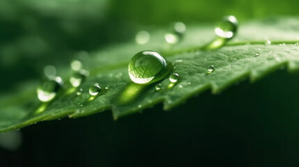 A green leaf with water droplets surface, with a dark green background. generative ai