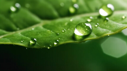 A green leaf with water droplets surface, with a dark green background. generative ai