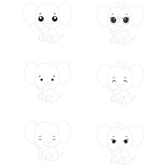 Set of silhouettes of cute baby elephants.