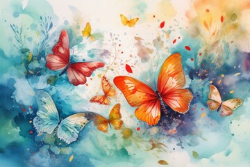 Watercolor pattern with abstract botanical background and bright butterfly motifs for design, wallpaper, and invitations. Generative AI