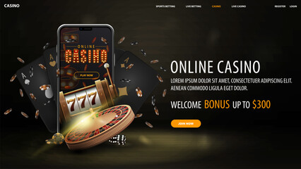 Online casino, black and gold web banner with offer, smartphone, slot machine, Casino Roulette, poker chips and playing cards.