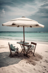 Generative AI illustration of Lonely umbrella on the beach with table on the sand and two chairs