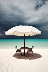 Generative AI illustration of Lonely umbrella on the beach with table on the sand and two chairs