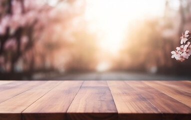 Naklejka na ściany i meble Empty Wooden Table for Placing Products with Sakura Tree Background and Blurred Copy Space