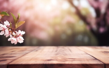 Empty Wooden Table for Placing Products with Sakura Tree Background and Blurred Copy Space