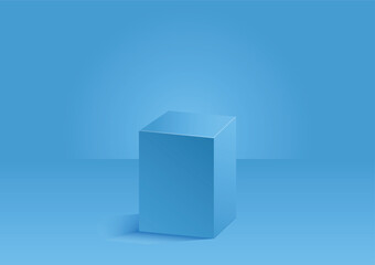 rectangle podium in the room, blue color, vector geometric platform illustration for product display presentation.