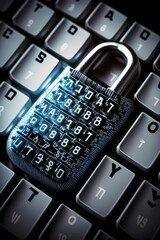 Cyber security padlock on computer keyboard with binary numbers