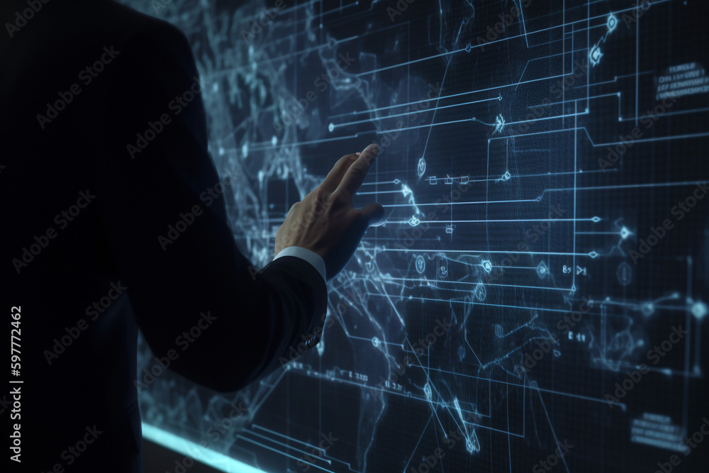 Poster artificial intelligence and big data technology concept with businessman touching virtual screen