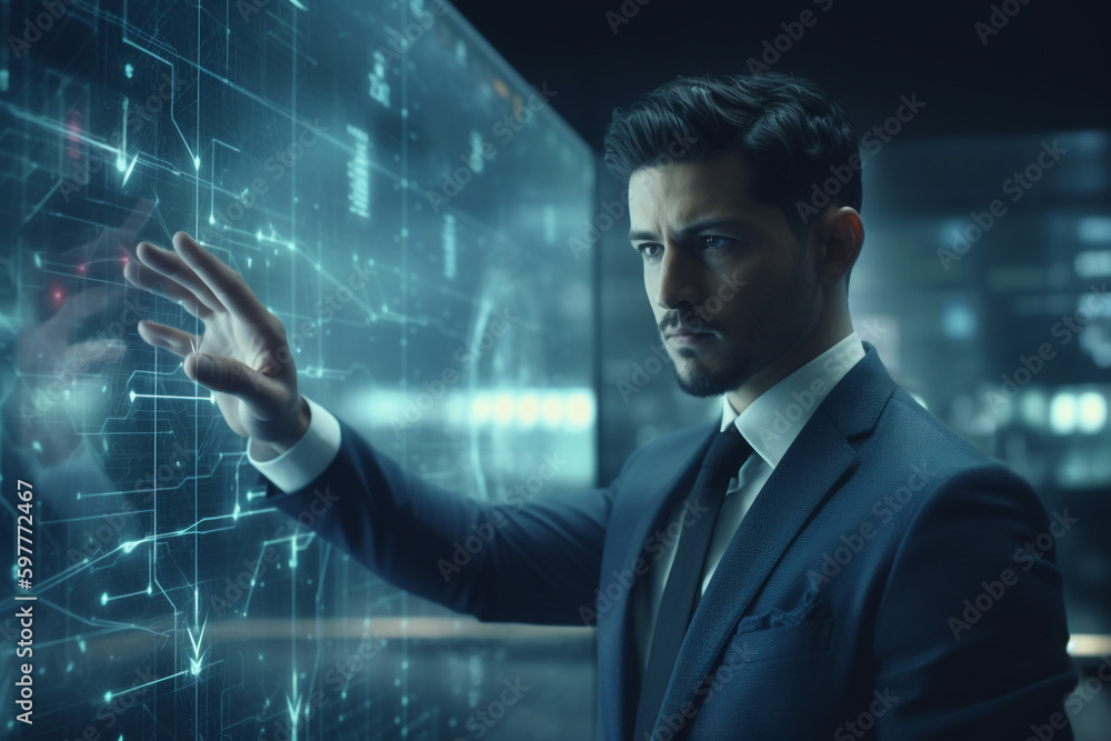 Poster artificial intelligence and big data technology concept with businessman touching virtual screen