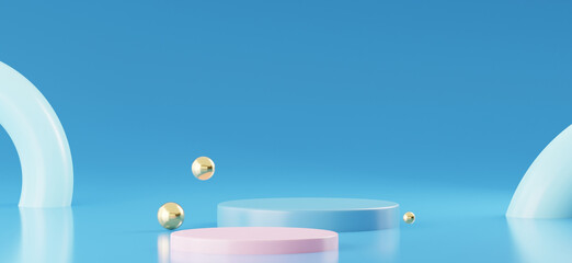3d product display podium scene with the geometric platform. 3d cylinder stand podium. Commercial background. Geometric forms in modern minimal design. 3d rendering.