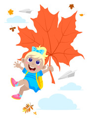 Obraz na płótnie Canvas Happy blonde schoolgirl flying in the clouds on an orange maple leaf by the beginning of the school year on a white background
