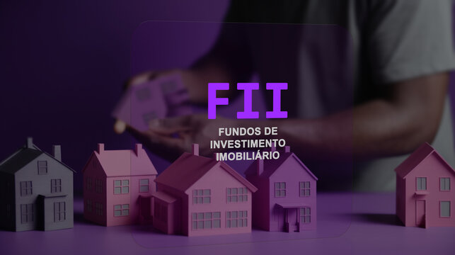 FII acronym text on the first plan. An hand moving a purple house model on a purple background. REIT in Brazil. Translation of Portuguese: Real Estate Investment Trust 