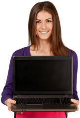 Friendly Young Woman Holding Laptop - Isolated