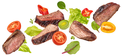 Flying steak salad isolated on white background