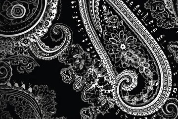 simple seamless paisley pattern, paisley ornament on black, black and white background, black and white seamless pattern, abstract background, paisley pattern, Generative AI