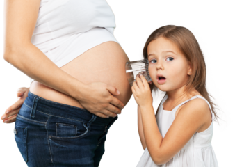 Kid girl listening with can pregnant mother's stomach