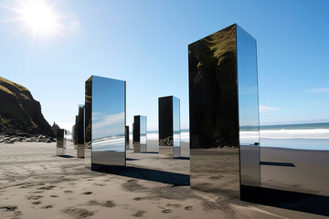 Mirror rectangular prisms on beach. Digitally generated AI image