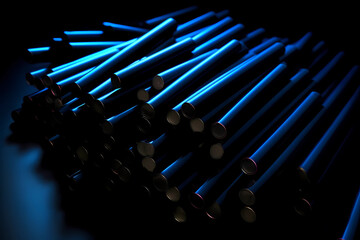 Pile of Long Black Rods Reflecting Blue Light (Generative AI)