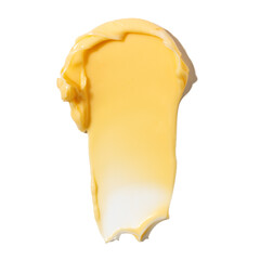 Swatch of yellow cream texture, cosmetics for face and body on a isolated white background. Drop...