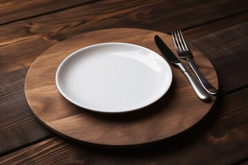 Empty plate with fork and knife on wooden table. Served cutlery, minimal table setting, Generative AI