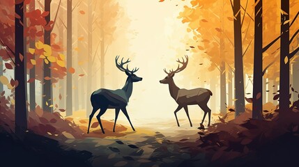 Colorful digital drawn silhouettes of two deers in a forest background. Generative AI illustration.