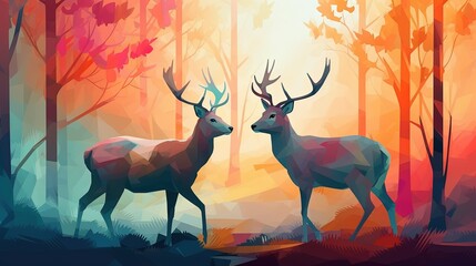 Colorful digital drawn silhouettes of two deers in a forest background. Generative AI illustration.