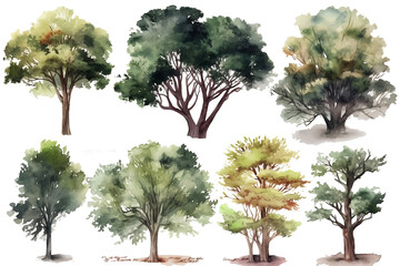 set of 3D drawn trees, transparant background, for illustration, architecture presentation, visualization, digital composition, Generated by AI