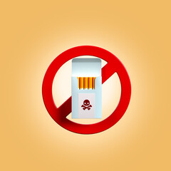 Anti Tobacco Day. No Smoking Symbol and Cigarette Packet on Orange Backgrund.