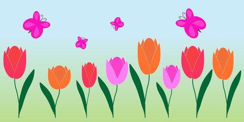 colorful blooming tulips and flying butterflies against the sky. Vector drawing, children's book cover