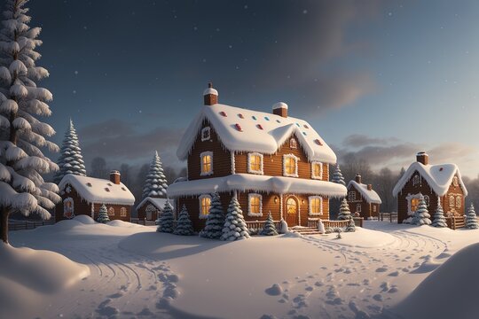 a painting of a gingerbread house in the snow, a detailed matte painting by ai generated
