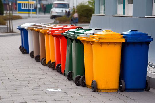 Colorful garbage cans in a street, Generative AI