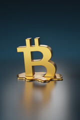 Golden bitcoin symbol melting on dark background. 3d illustration.