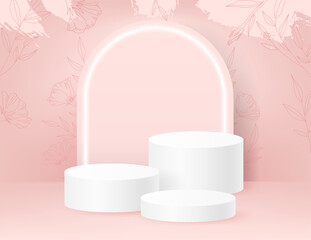Obraz na płótnie Canvas Pastel pink backdrop with line plants and flowers. 3D podium is perfect for showcasing cosmetic or luxury items. Geometric cylinder white podium for advertising, exhibitions, or sale promotion