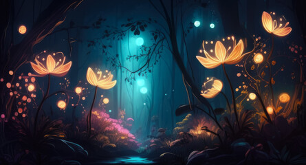 Fairy tale forest with giant glowing flowers at night. Generative AI - 597777211