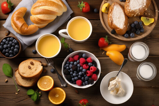 Healthy breakfast on wooden table, flat lay. Croissants with fruits and berries. Generative AI