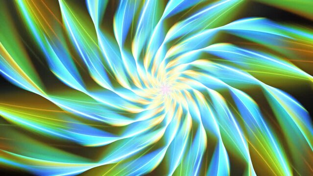White rays radiating from centre and making fractal floral spiral on dark. Colorful symmetrical vortex motion background. Abstract swirl shapes transforming and changing colors. 4K UHD 4096x2304