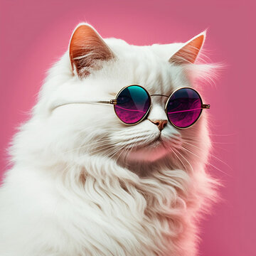 Pink background and a white cool cat wearing sunglasses