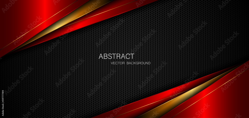 Fototapete Abstract red and gold polygon with golden lines on dark steel mesh background with empty space for design. modern technology innovation concept background
