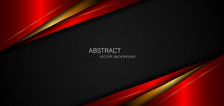 Abstract red and gold polygon with golden lines on dark steel mesh background with empty space for design. modern technology innovation concept background
