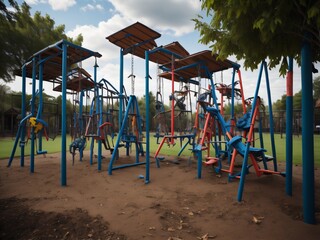 A playground with empty swings, slides, and monkey bars