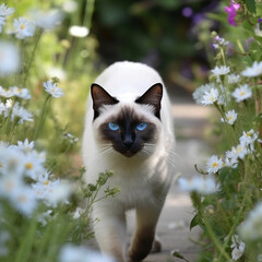 Siamese Male Cat, blue eyes, dark face, summer time in the garden -8