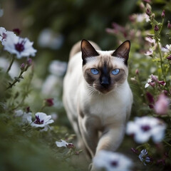 Siamese Male Cat, blue eyes, dark face, summer time in the garden -6