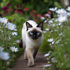 Siamese Male Cat, blue eyes, dark face, summer time in the garden -5