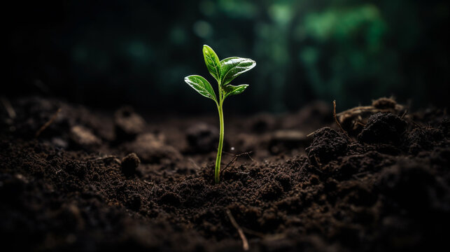 Little green plant growing in dry cracked ground
